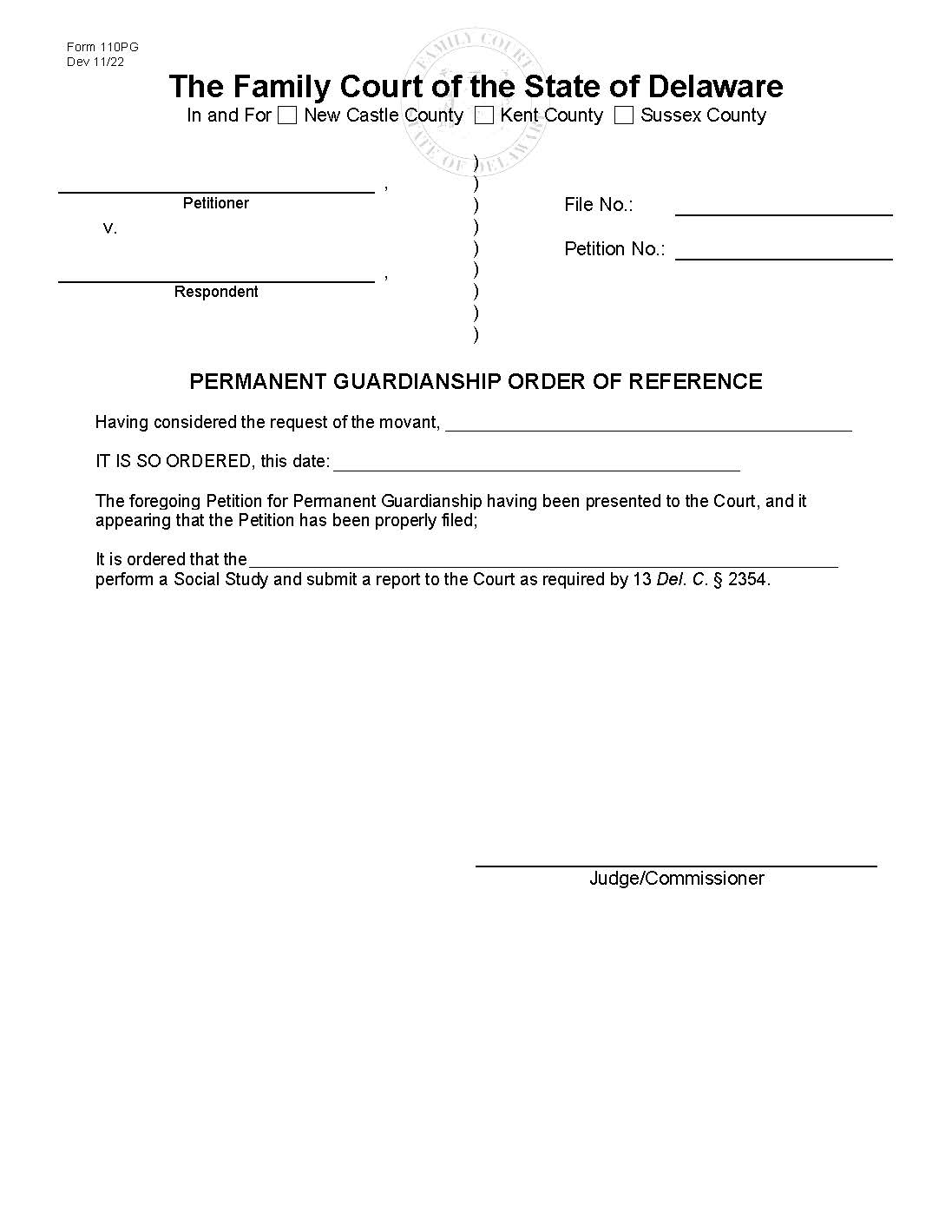 Permanent Guardianship Order Of Reference {110PG] | Pdf Fpdf Docx | Delaware
